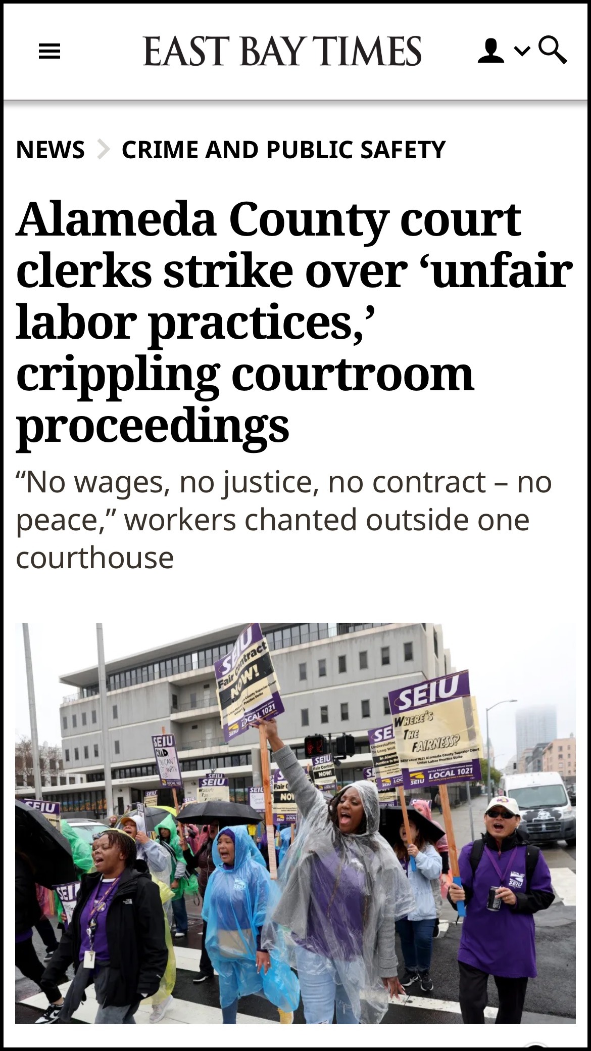 Picture of News Article that Says "Alameda County court clerks strike over 'unfair labor practices,' crippling courtroom proceedings